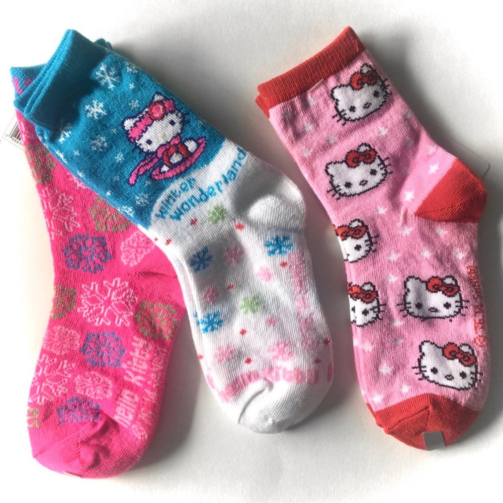 NEW! Hello Kitty Winter Crew Socks (Little Girls Size) x3 Pair